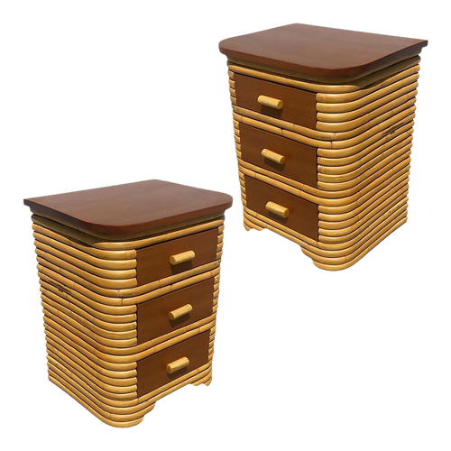 Restored Streamline Art Deco Stacked Rattan Bedside Table W/ Mahogany Top, Pair Restored Streamline Art Deco Stacked Rattan Bedside Table W/ Mahogany Top, Pair