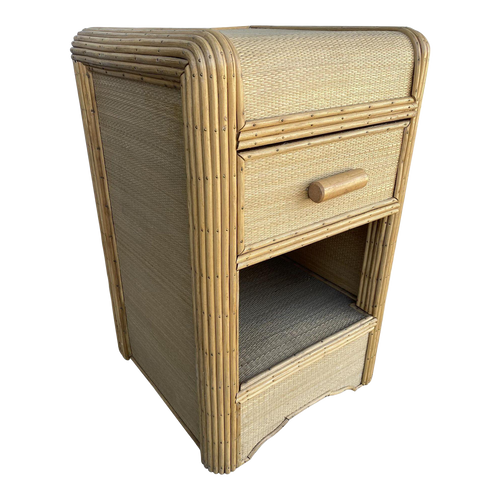 1930s Restored Streamline Stick Reed Rattan Bedside Table With Grass Mat Coverings 1930s Restored Streamline Stick Reed Rattan Bedside Table With Grass Mat Coverings