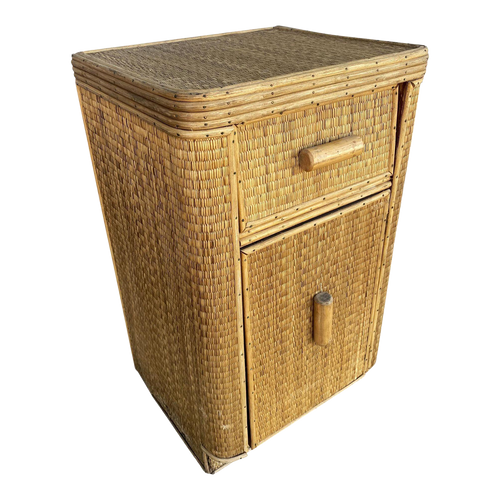1930s Restored Streamline Stick Reed Rattan Nightstand with Grass Mat Coverings 1930s Restored Streamline Stick Reed Rattan Nightstand with Grass Mat Coverings