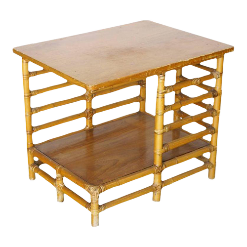 1940s Restored Rattan Floating Two-Tier Ladder Side Drink Table 1940s Restored Rattan Floating Two-Tier Ladder Side Drink Table