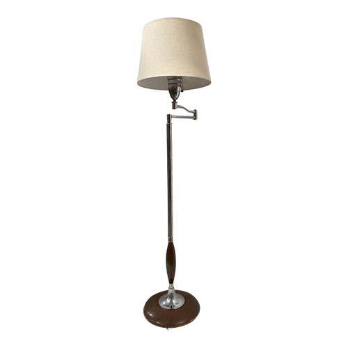 1950s Art Moderne Wood and Chrome Swing Arm Floor Lamp