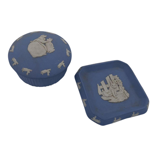 1950s Blue Wedgewood Bunny Rabbit Lidded Box & Ashtray Set- 2 Pieces