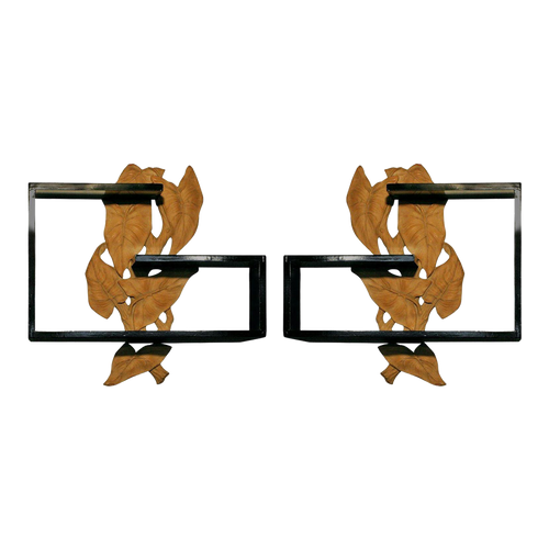 1950s Midcentury Wall Shelf With Hand Carved Leaf Pattern, Pair 1950s Midcentury Wall Shelf With Hand Carved Leaf Pattern, Pair