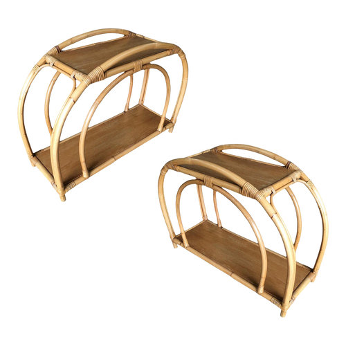 1950s Restored "Double Arch" Rattan Side Table Pair with Two-Tier Mahogany Tops 1950s Restored "Double Arch" Rattan Side Table Pair with Two-Tier Mahogany Tops