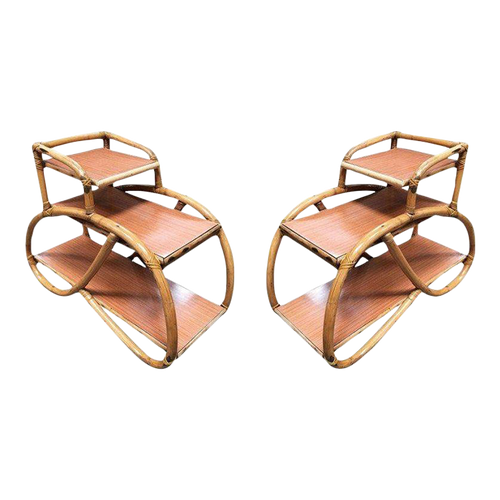 1950s Restored 3/4 Pretzel Rattan Three-Tier Side Table, Pair