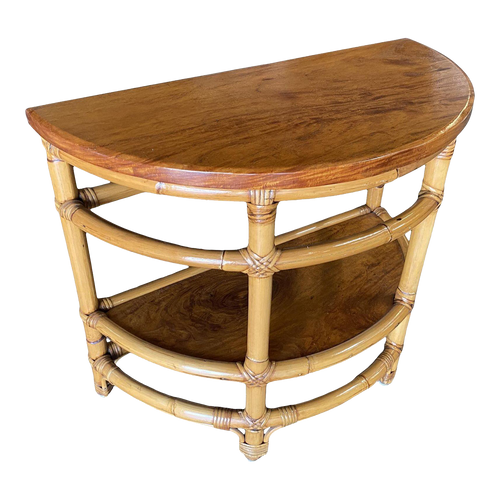 1950s Restored Modernist Half Round Rattan & Mahogany Side Table 1950s Restored Modernist Half Round Rattan & Mahogany Side Table