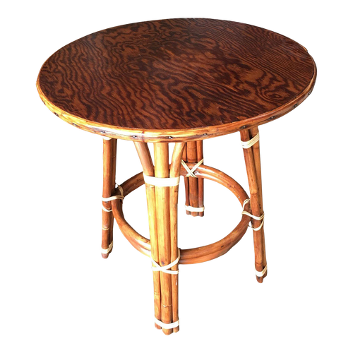 1950s Restored Rattan "Double Circle" Side Table with Mahogany Top 1950s Restored Rattan "Double Circle" Side Table with Mahogany Top