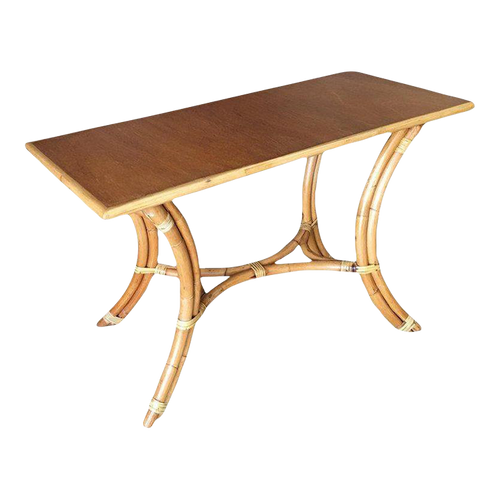 1950s Restored Rattan "Hour Glass" Sofa/Console Table With Mahogany Top 1950s Restored Rattan "Hour Glass" Sofa/Console Table With Mahogany Top