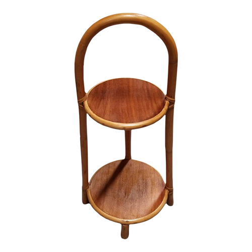1950s Restored Rattan & Mahogany Mini Side Drink/Smoke Stand W/ Handle 1950s Restored Rattan & Mahogany Mini Side Drink/Smoke Stand W/ Handle
