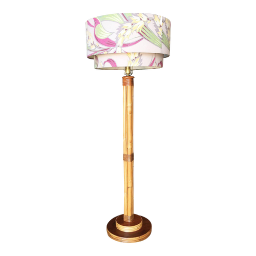 1950s Restored Rattan & Mahogany Pole Floor Lamp With Original Shade 1950s Restored Rattan & Mahogany Pole Floor Lamp With Original Shade