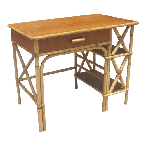 1950s Restored Rattan and Mahogany Writing Desk with Side Shelf 1950s Restored Rattan and Mahogany Writing Desk with Side Shelf