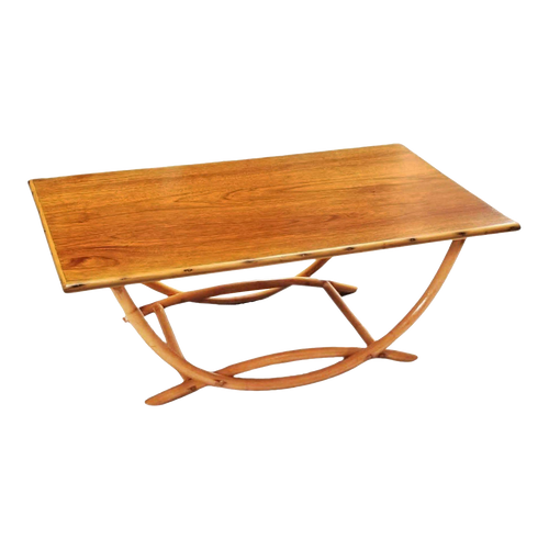 1950s Restored Rattan Coffee Table With Arched Bridge Legs and a Mahogany Top 1950s Restored Rattan Coffee Table With Arched Bridge Legs and a Mahogany Top