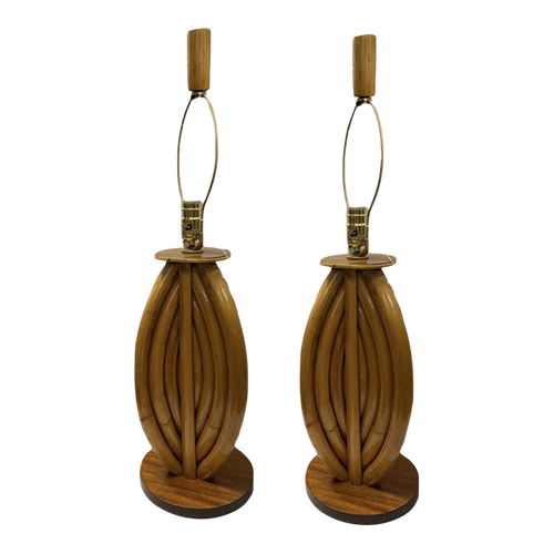 1950s Restored Rattan Table Lamps With Tri-Shape Loop Pattern & Mahogany Base, Pair 1950s Restored Rattan Table Lamps With Tri-Shape Loop Pattern & Mahogany Base, Pair