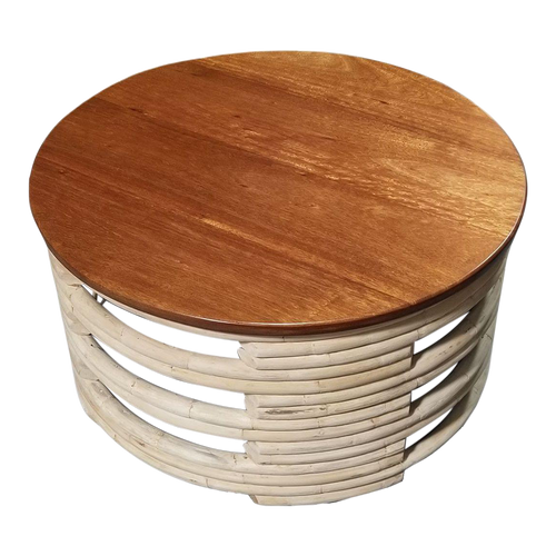 1950s Restored Rattan White Natural Wood Stacked Round Coffee Table With Mahogany Top 1950s Restored Rattan White Natural Wood Stacked Round Coffee Table With Mahogany Top