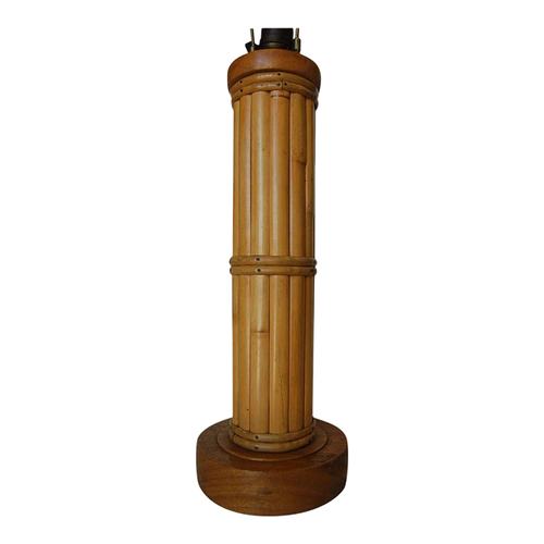 1950s Restored Round Split Rattan Table Lamp With Carved Wood Base & Wrappings 1950s Restored Round Split Rattan Table Lamp With Carved Wood Base & Wrappings