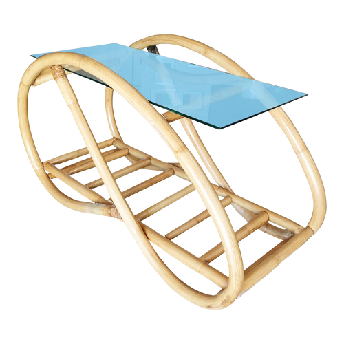 1950s Restored Single-Strand Glass Top "Grasshopper" Rattan Side Table 1950s Restored Single-Strand Glass Top "Grasshopper" Rattan Side Table