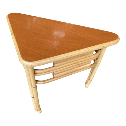 1950s Restored Stacked Rattan Corner Side Table With Mahogany Tabletop 1950s Restored Stacked Rattan Corner Side Table With Mahogany Tabletop