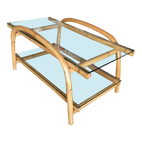 1950s Restored Two-Tier "Swoop Arch" Rattan Side Table With Glass Top 1950s Restored Two-Tier "Swoop Arch" Rattan Side Table With Glass Top
