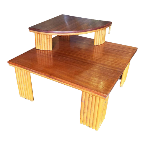 1950s Restored Two-Tier Stacked Rattan Leg Corner Table with Mahogany Top 1950s Restored Two-Tier Stacked Rattan Leg Corner Table with Mahogany Top