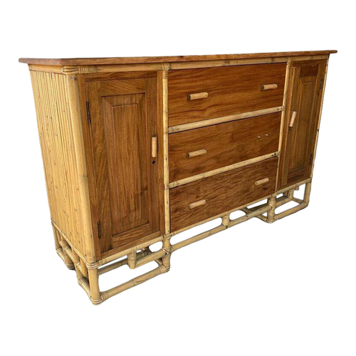 1950s Restored Vertically Stacked Rattan Sideboard with Mahogany Top 1950s Restored Vertically Stacked Rattan Sideboard with Mahogany Top