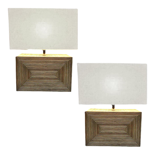 1980s Modernist Stacked Stick Rattan Vertical Brick Lamp Pair, With Shades 1980s Modernist Stacked Stick Rattan Vertical Brick Lamp Pair, With Shades