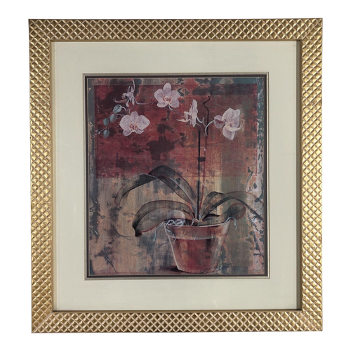 1990s Abstract Orchid in Vase Still-Life Giclee Print in Gold Frame