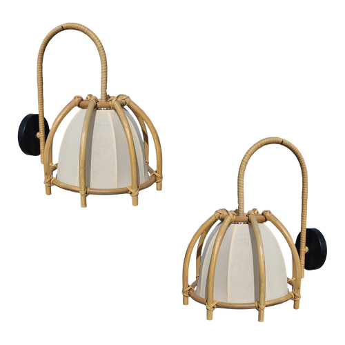 1990s Natural Finish Modern Rattan Skeleton Shade Wall Sconce, Pair 1990s Natural Finish Modern Rattan Skeleton Shade Wall Sconce, Pair
