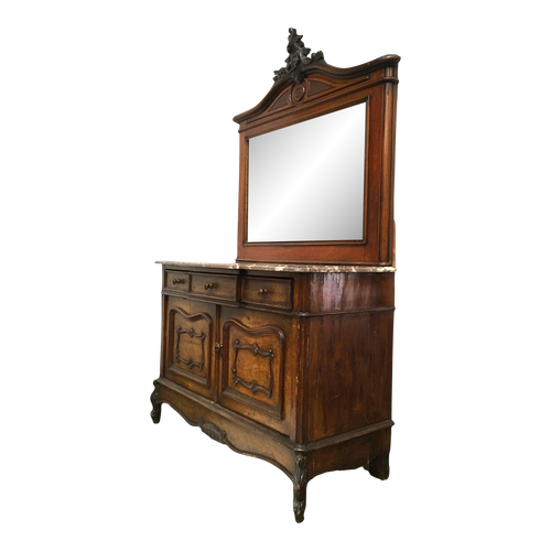 19th Century Solid Oak Dressing Vanity Table With Mirror and Marble Top