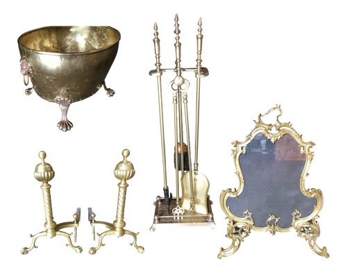 Art Nouveau Brass Fireplace Tool Set, Screen, Andiron, & Log Bucket Set - Set of 8