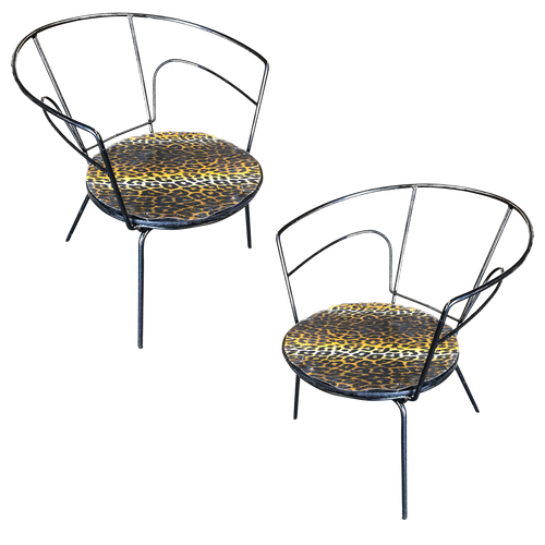 Atomic Age Iron Wire Side Armchair W/ Leopard Print Seat, Pair