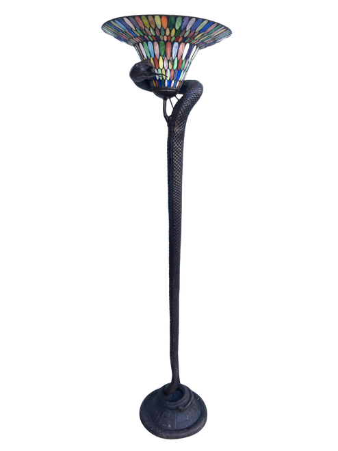 Edgar Brandt Style Hand Casted Bronze Snake Floor Lamp W/ Stained Glass Shade