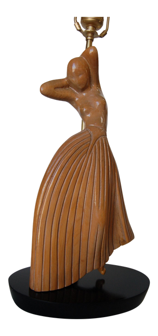 Female Figural Dancer Carved Oak Table Lamp in the Style of Jascha Heifetz