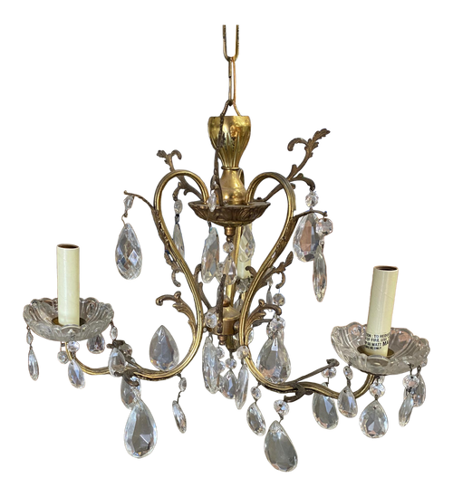 Hollywood Regency Crystal and Brass Three Lights Chandelier Hollywood Regency Crystal and Brass Three Lights Chandelier