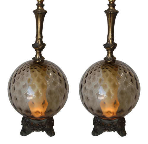 Hollywood Regency Smoked Bubble Glass Table Lamps With Inner Glowing Accent Light Hollywood Regency Smoked Bubble Glass Table Lamps With Inner Glowing Accent Light