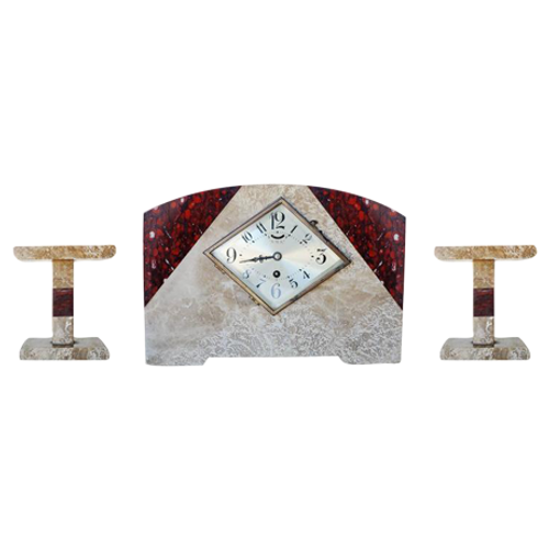 Italian Marble Art Deco Mantel Clock Set With Matching Garniture - Set of 3 Italian Marble Art Deco Mantel Clock Set With Matching Garniture - Set of 3