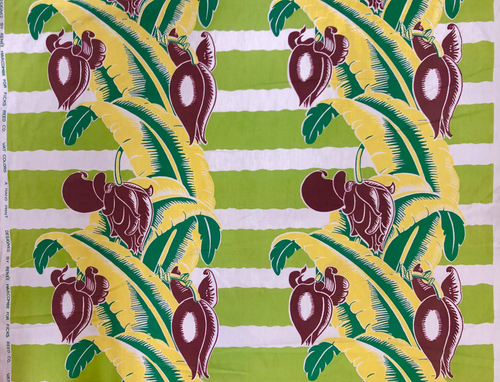 Mid 20th Century Wavy Green Striped Barkcloth With Tropical Banana Leaf Pattern Mid 20th Century Wavy Green Striped Barkcloth With Tropical Banana Leaf Pattern