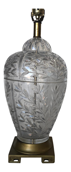 Mid Century Leaf Motif Cut Crystal Table Lamp Witth Brass Hardware Mid Century Leaf Motif Cut Crystal Table Lamp Witth Brass Hardware