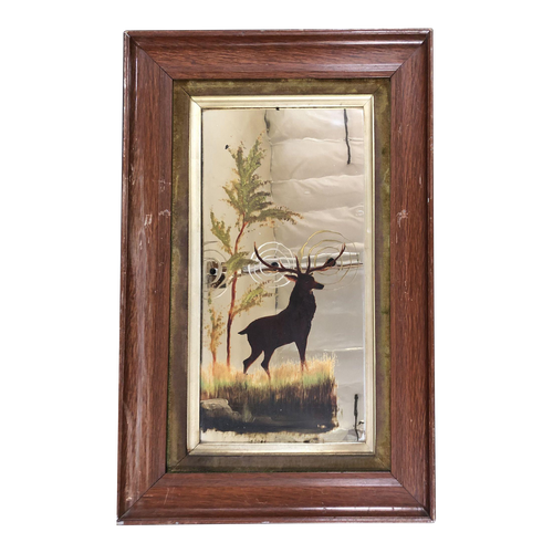 Mid Century Modern Hand Painted Buck on Mirror With Walnut Frame Mid Century Modern Hand Painted Buck on Mirror With Walnut Frame