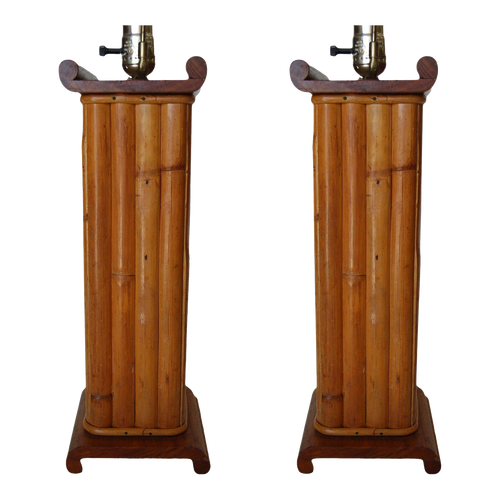 Pair of 1950s Restored Demi Inspired Rattan and Mahogany Table Lamps, Pair Pair of 1950s Restored Demi Inspired Rattan and Mahogany Table Lamps, Pair