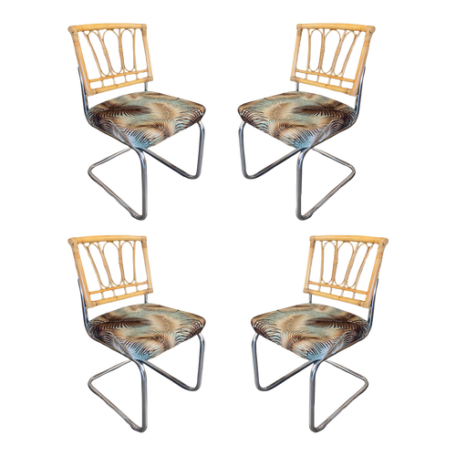 Rare Restored Marcel Breuer Rattan Back Chrome "Cesca" Chairs by Virco, Set of 4
