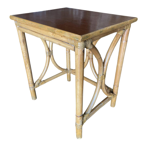 Restored 1950s "Hour Glass" Rattan Side Table With Acacia Koa Wood Top Restored 1950s "Hour Glass" Rattan Side Table With Acacia Koa Wood Top