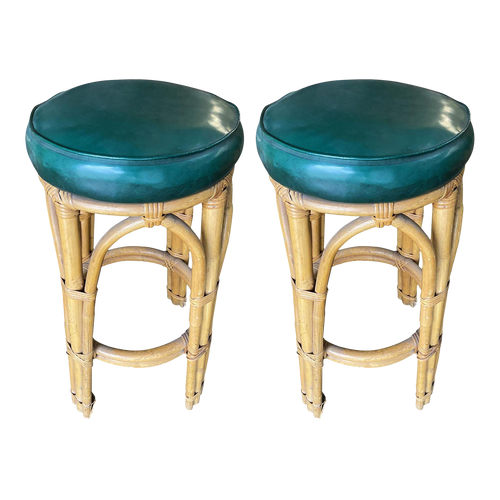 Restored 3-Stand Arched Rattan Base Bar Stool With Dark Green Seats- Set of 2 Restored 3-Stand Arched Rattan Base Bar Stool With Dark Green Seats- Set of 2