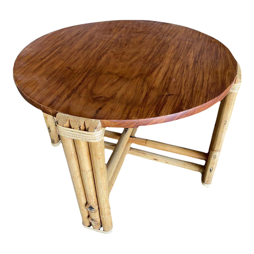 Restored Circular Rattan Side Coffee Table With Koa Wood Top Restored Circular Rattan Side Coffee Table With Koa Wood Top