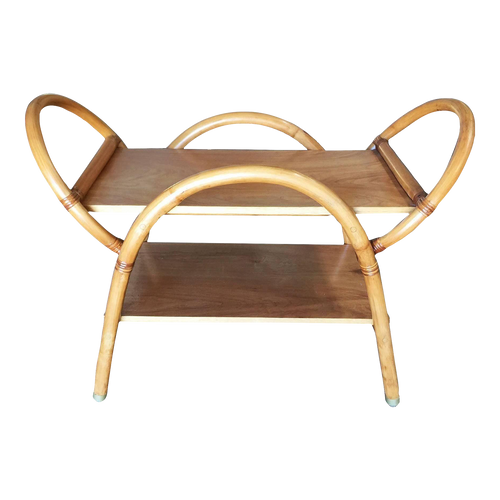 Restored Free-Form "Arches" Rattan Bar Cart W/ Mahogany Top