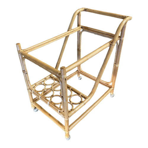 Restored Mid Century Rattan Bar Cart W/ Bottle Holder by Angraves, Circa 1970