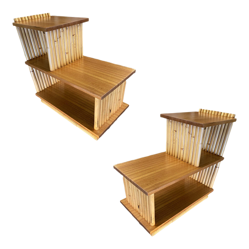 Restored Mid-Century Vertically Stacked Geometric Rattan Side Table With Mahogany Tops Restored Mid-Century Vertically Stacked Geometric Rattan Side Table With Mahogany Tops