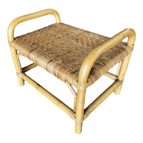 Restored Rattan Staple Stool With Woven Wicker Seat Restored Rattan Staple Stool With Woven Wicker Seat