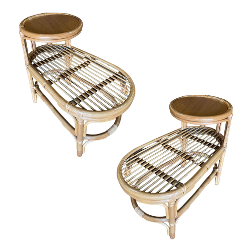 Restored Single Strand Rattan Side Table W/ Grill Top, Pair Restored Single Strand Rattan Side Table W/ Grill Top, Pair