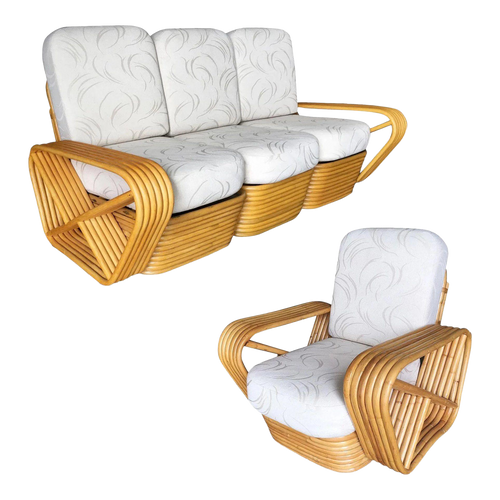Restored Six-Strand Square Pretzel Rattan Sofa and Lounge Chair Set Restored Six-Strand Square Pretzel Rattan Sofa and Lounge Chair Set