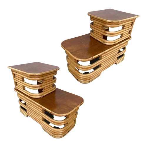 Restored Two-Tier Stacked Rattan Side Table With Mahogany Tops, Pair Restored Two-Tier Stacked Rattan Side Table With Mahogany Tops, Pair